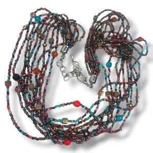 Vintage Multi Strand Glass Seed Bead Necklace 19-22" Boho Layered Colorful